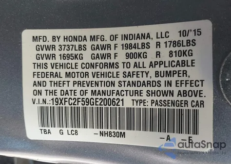 2016 Honda Civic Lx z USA, uszkodzony, nr VIN 19XFC2F59GE200621